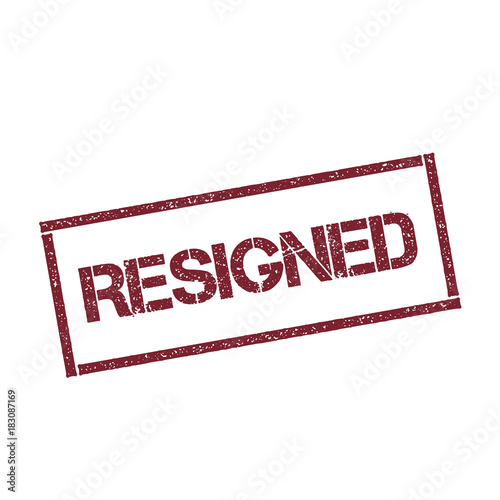 Resigned rectangular stamp. Textured red seal with text isolated on white background, vector illustration.