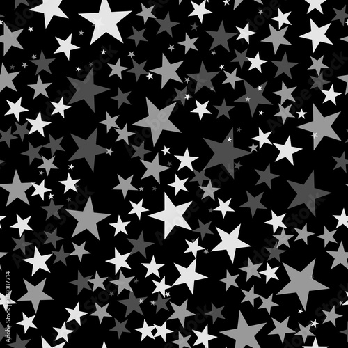 White stars seamless pattern on black background. Outstanding endless random scattered white stars festive pattern. Modern creative chaotic decor. Vector abstract illustration.