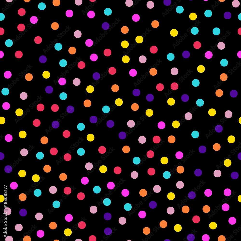 Memphis style polka dots seamless pattern on black background. Awesome modern memphis polka dots creative pattern. Bright scattered confetti fall chaotic decor. Vector illustration.
