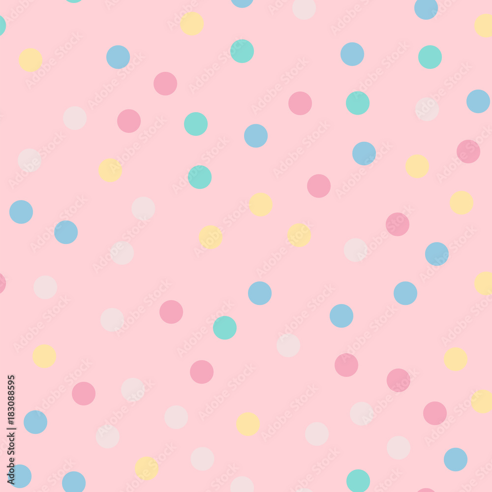 Colorful polka dots seamless pattern on bright 9 background. Divine classic colorful polka dots textile pattern. Seamless scattered confetti fall chaotic decor. Abstract vector illustration.