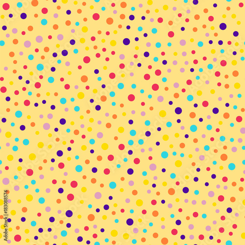 Memphis style polka dots seamless pattern on yellow background. Gorgeous modern memphis polka dots creative pattern. Bright scattered confetti fall chaotic decor. Vector illustration.