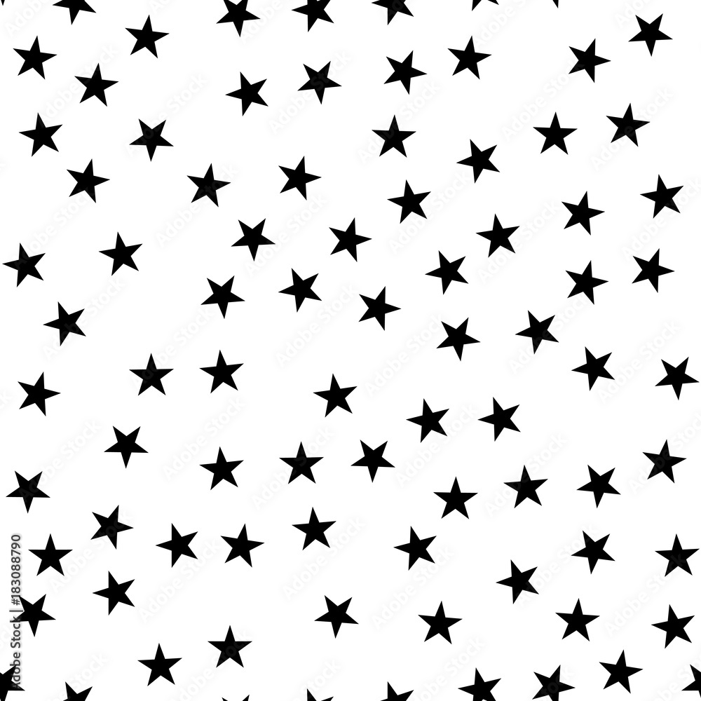 Black stars seamless pattern on white background. Awesome endless random scattered black stars festive pattern. Modern creative chaotic decor. Vector abstract illustration.