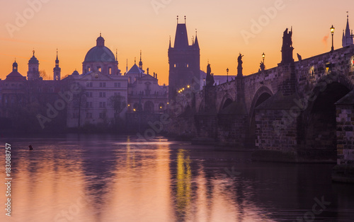 Beautiful morning in Prague. Charles Bridge and Vltava River at dawn 