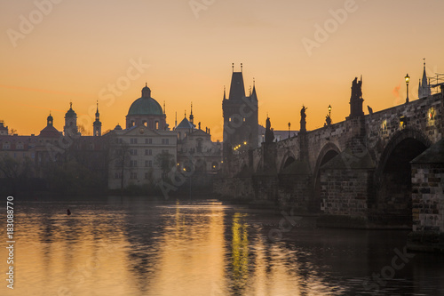 Beautiful morning in Prague. Charles Bridge and Vltava River at dawn 