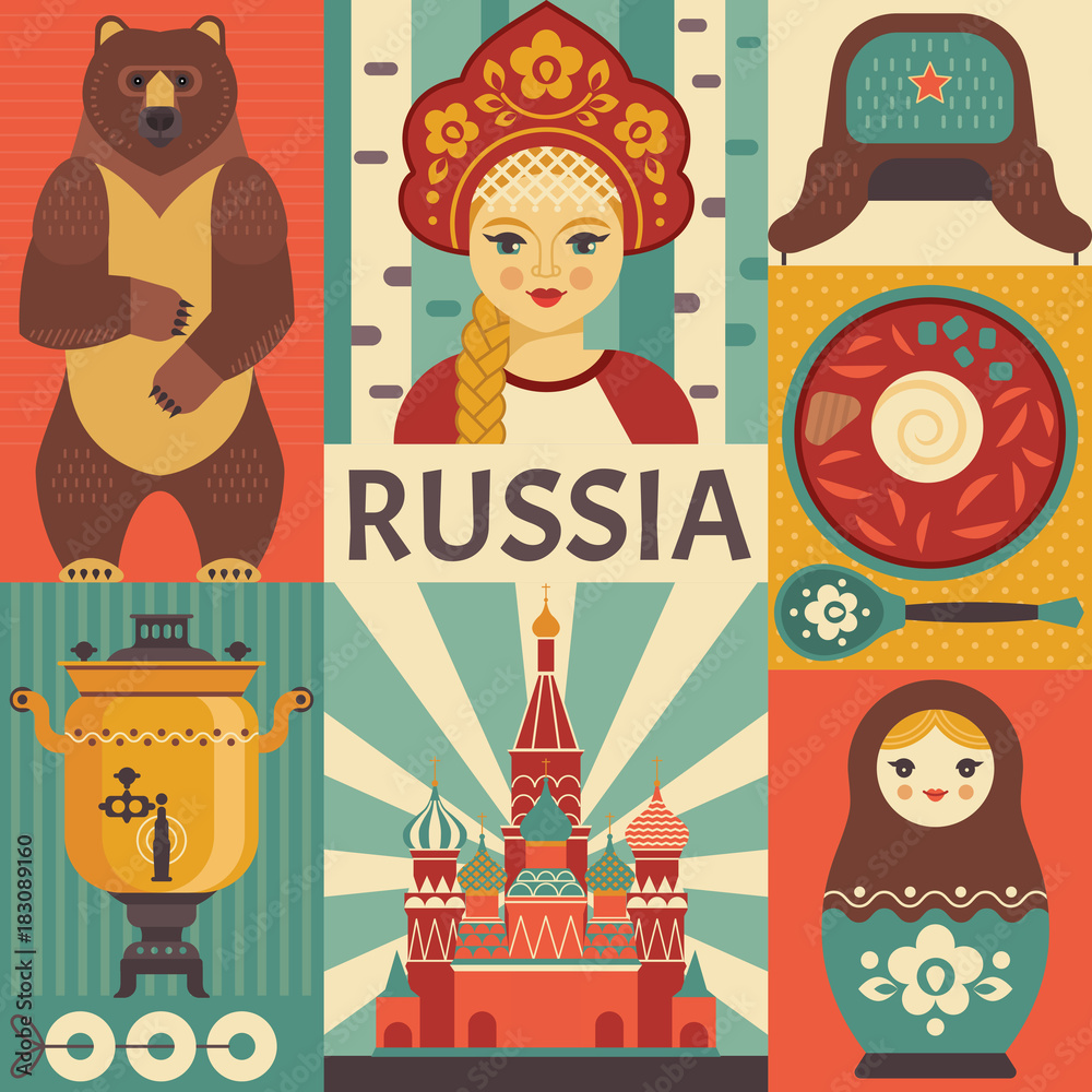 Russia travel poster concept. Vector illustration with Russian culture icons, including St. Basil's Cathedral, russian doll, borscht , portrait of Russian beauty in kokoshnik. Isolated on background.