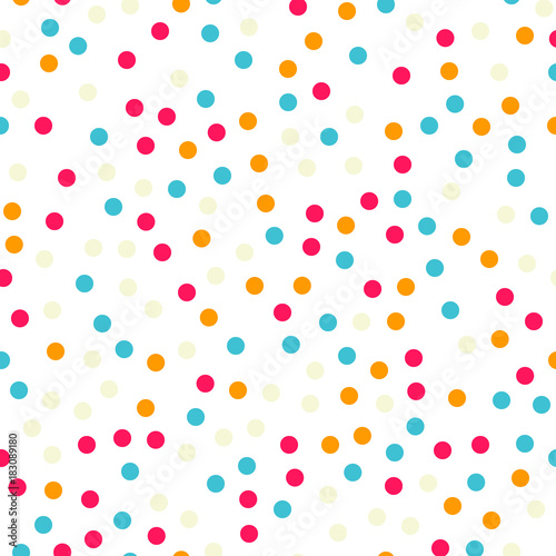 Colorful polka dots seamless pattern on white 18 background. Brilliant classic colorful polka dots textile pattern. Seamless scattered confetti fall chaotic decor. Abstract vector illustration.