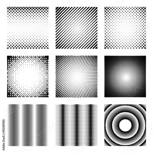 Set of halftone elements. Monochrome abstract patterns for DTP, prepress or generic concepts. Collection of retro backdrops.