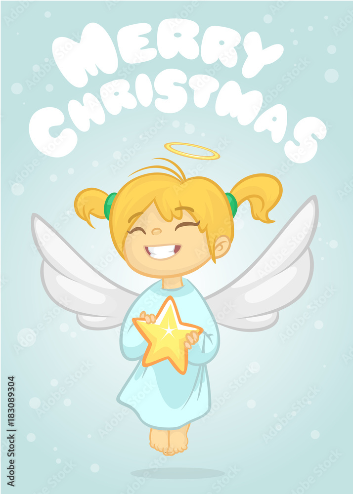 Cute happy cartoon girl angel character with white wings flying. Vector cartoon illustration isolated Cute happy cartoon girl angel character with white wings flying. Vector cartoon illustration isolated