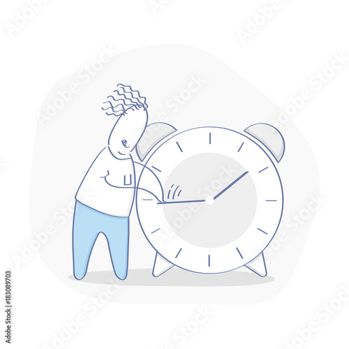 Cartoon man trying to stop the time or pushed the time back. Character fights with an alarm clock. Outline vector illustration
