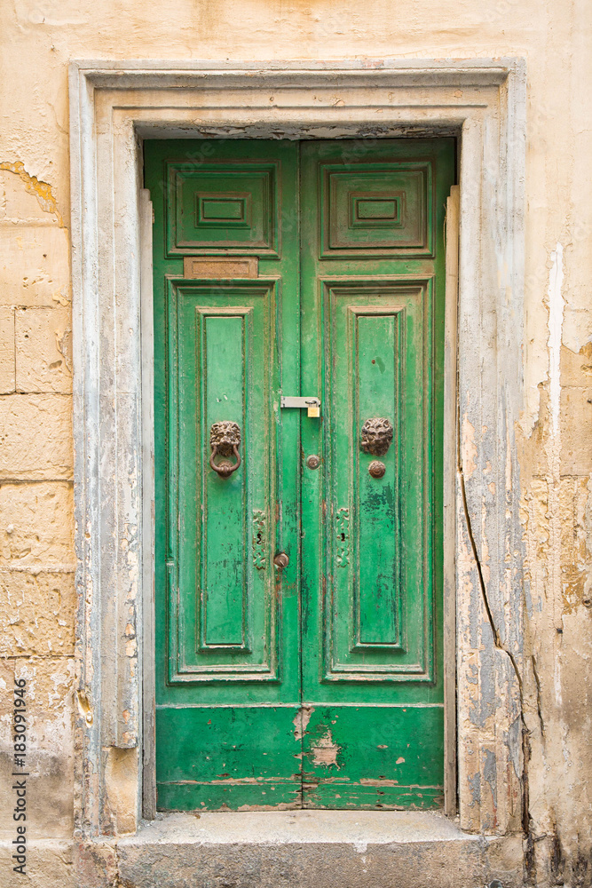 Old green door with lion's head knockers