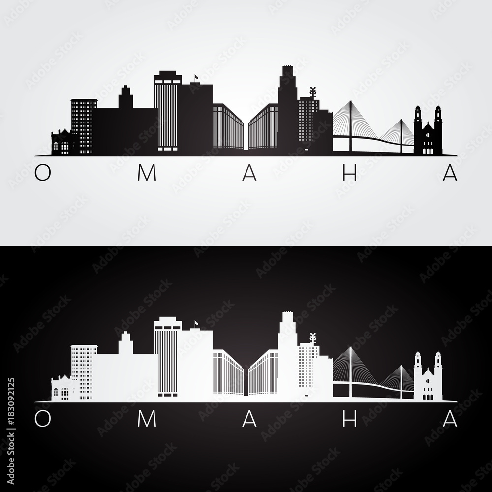 Omaha usa skyline and landmarks silhouette, black and white design, vector illustration. - obrazy, fototapety, plakaty 