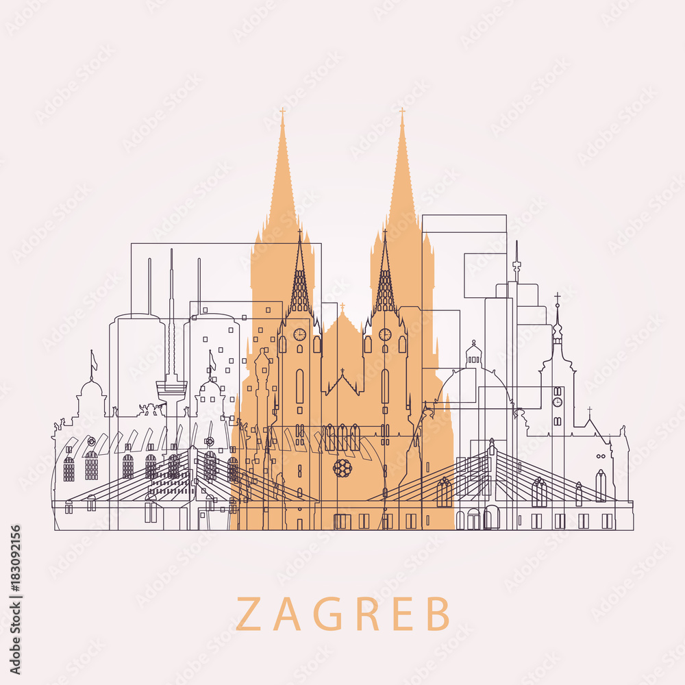 Outline Zagreb skyline with landmarks. Vector illustration. Business travel and tourism concept with historic buildings. Image for presentation, banner, placard and web site.
