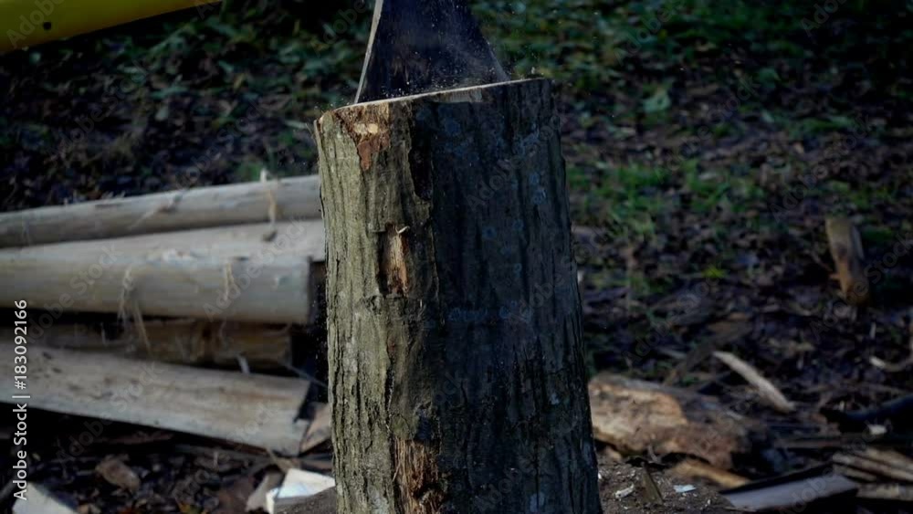 Wood cutting slows motion. The ax cuts a stump close up of a slow motion.
Wood cutting slows motion. The ax cuts a stump close up of a slow motion.