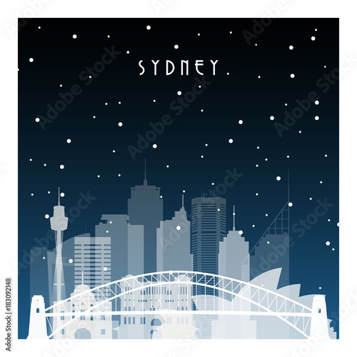Winter night in Sydney. Night city in flat style for banner, poster, illustration, game, background.