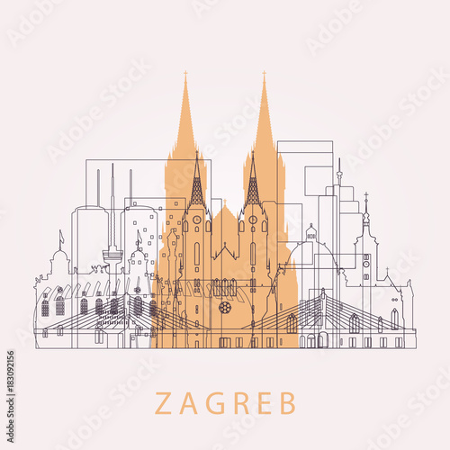 Outline Zagreb skyline with landmarks. Vector illustration. Business travel and tourism concept with historic buildings. Image for presentation, banner, placard and web site.