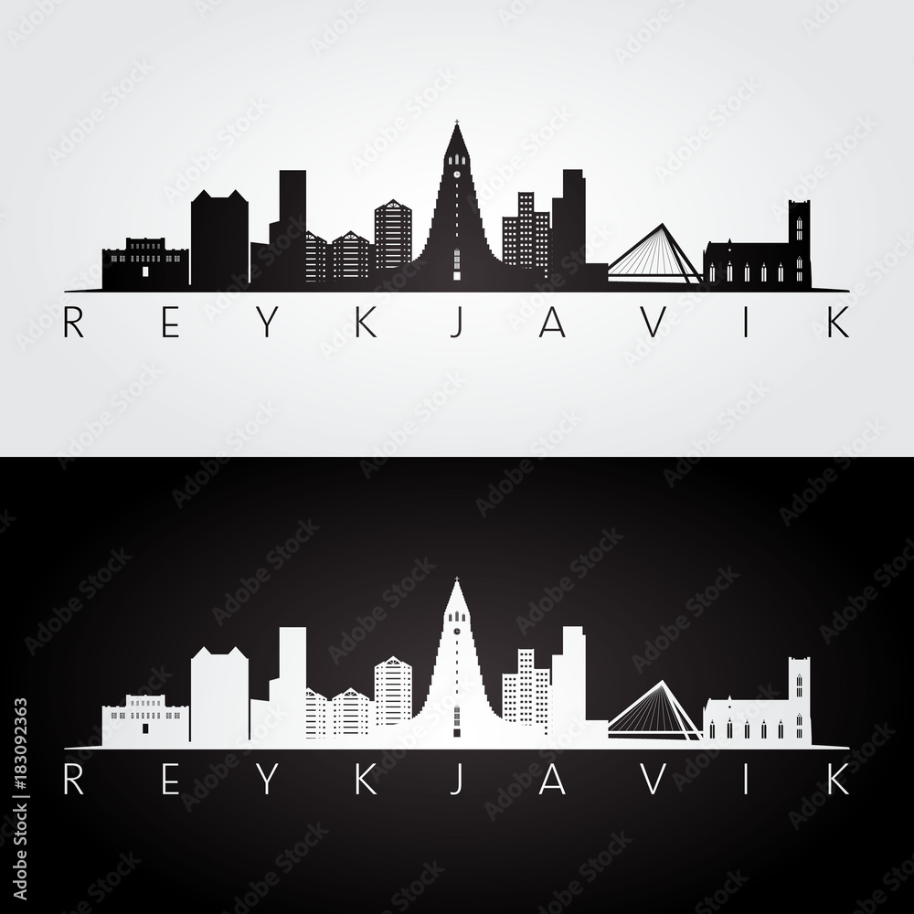 Fototapeta premium Reykjavik skyline and landmarks silhouette, black and white design, vector illustration.