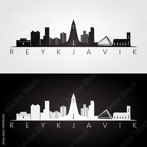 Reykjavik skyline and landmarks silhouette, black and white design, vector illustration.