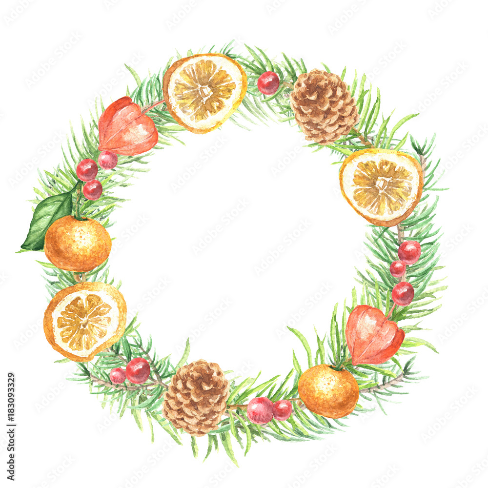 Watercolor hand drawn Christmas wreath, fir branches with citrus and berries, isolated on white background. Winter holidays festive design.