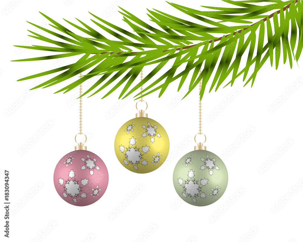 Christmas balls on the branches of a tree. Vector illustration.