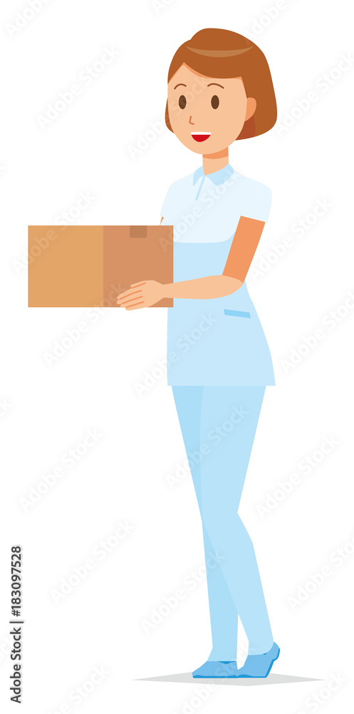 A female nurse wearing a white uniform has a cardboard box