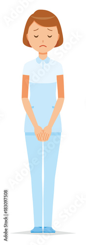 Female nurse wearing a white uniform apologizes