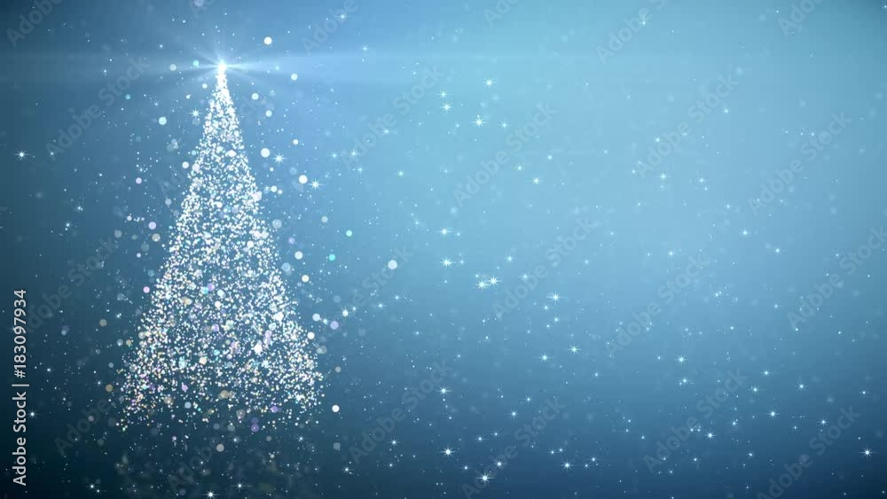 Merry Christmas greeting video card. Christmas tree with shining light, falling snowflakes and stars, 4K video background