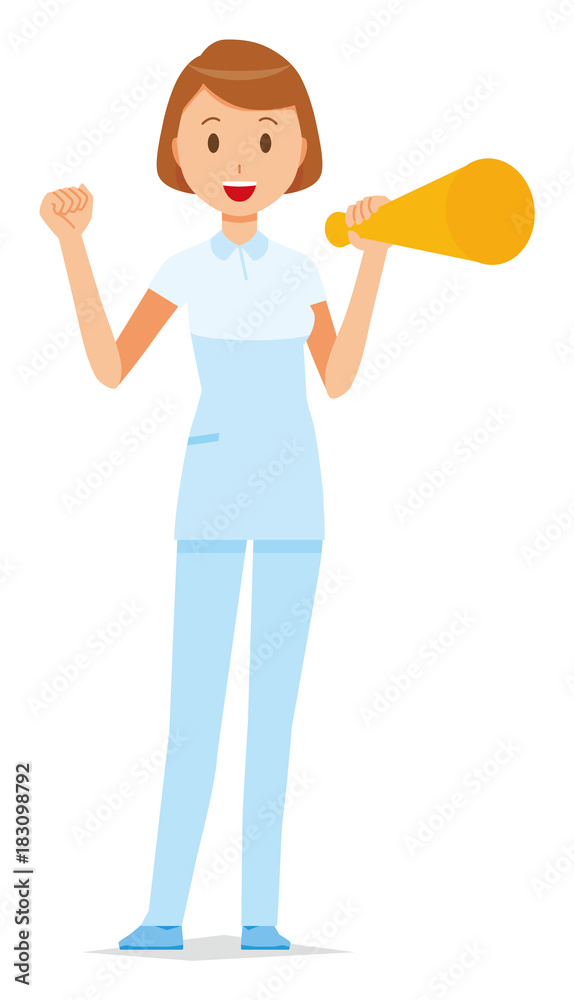 A female nurse wearing a white uniform has a megaphone A female nurse wearing a white uniform has a megaphone