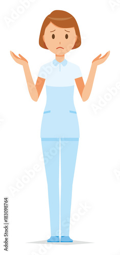 A female nurse wearing a white uniform is shrugging her shoulders