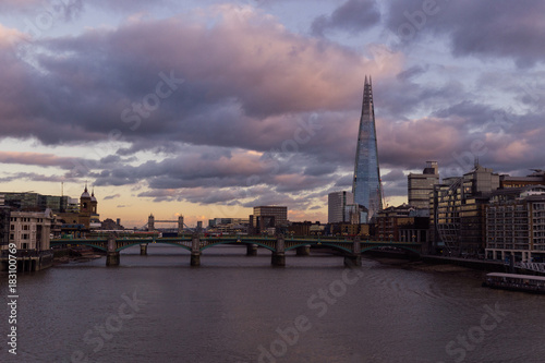 London cityscape skyline on River Thames at sunset