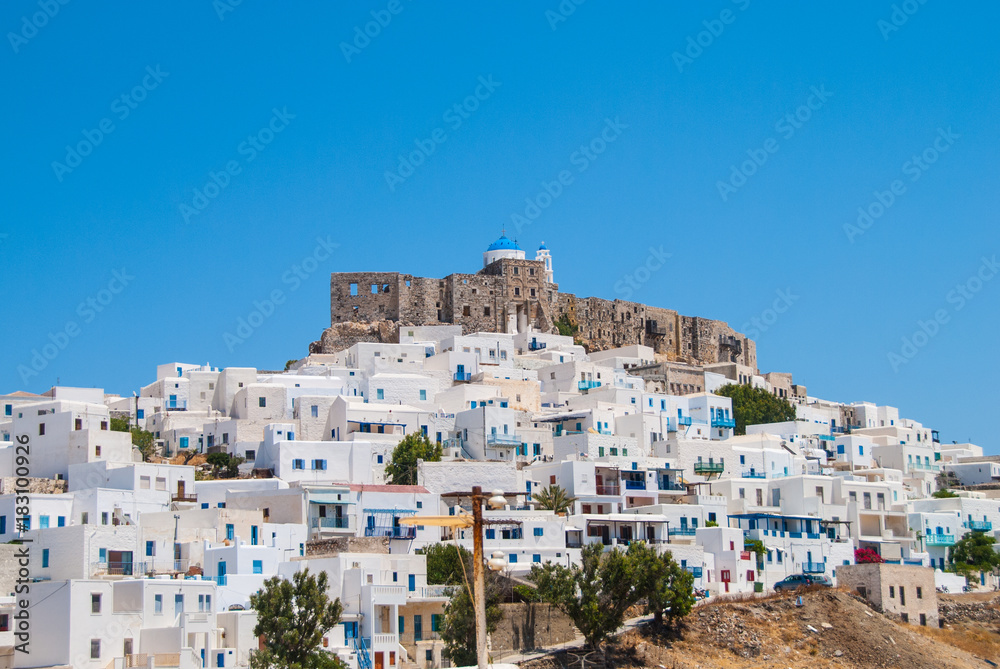 Panoramic view of the Querini Venetian castle and village (chora) of Astypalaia, an Aegean island of Greece.