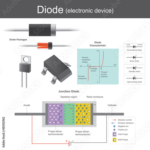 Voltage is applied across the junction however, the p type anode is made positive and the n-type cathode made negative. Illustration vector design.