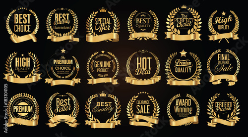 Golden sale laurel wreath with golden ribbon vector collection