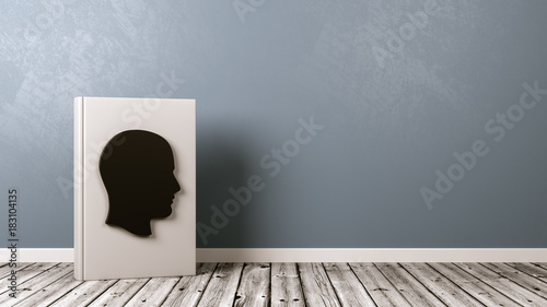 Book with Human Head Shape on Wooden Floor, Biography Concept