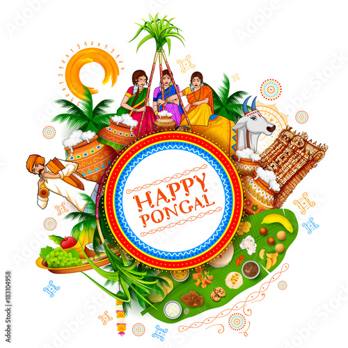 Happy Pongal Holiday Harvest Festival of Tamil Nadu South India greeting background photo