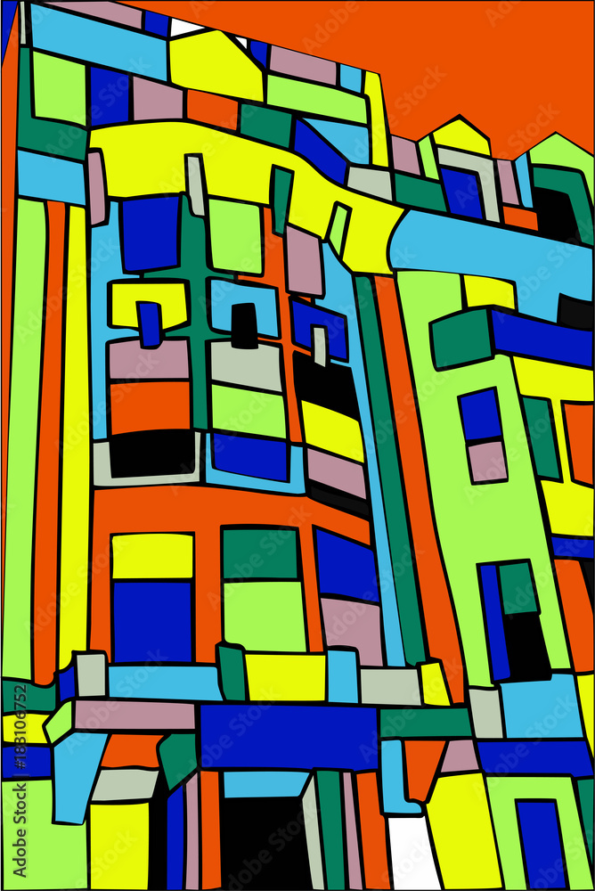 Abstract interpretation of apartments in Greenwich Village, New York, in bright colors.