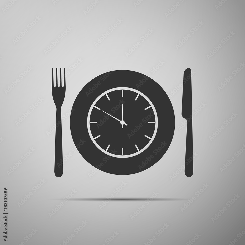 Plate with clock, fork and knife icon isolated on grey background. Lunch time. Eating, nutrition regime, meal time and diet concept. Flat design. Vector Illustration