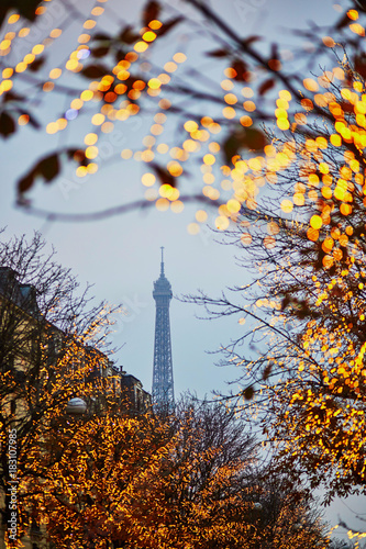 Scenic view of the Eiffel tower with Christmas illumination in Paris
