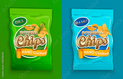 Set of two packaging with chips, with dill and with sea salt. Vector illustration.