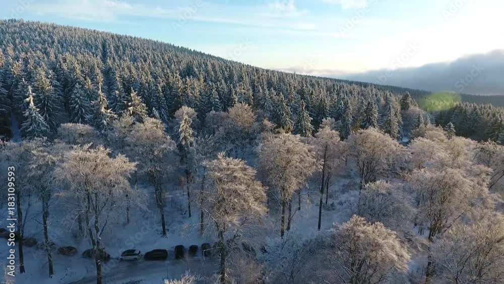 Anflug an einen verschneiten Wald bei Sonnenuntergang Anflug an einen verschneiten Wald bei Sonnenuntergang