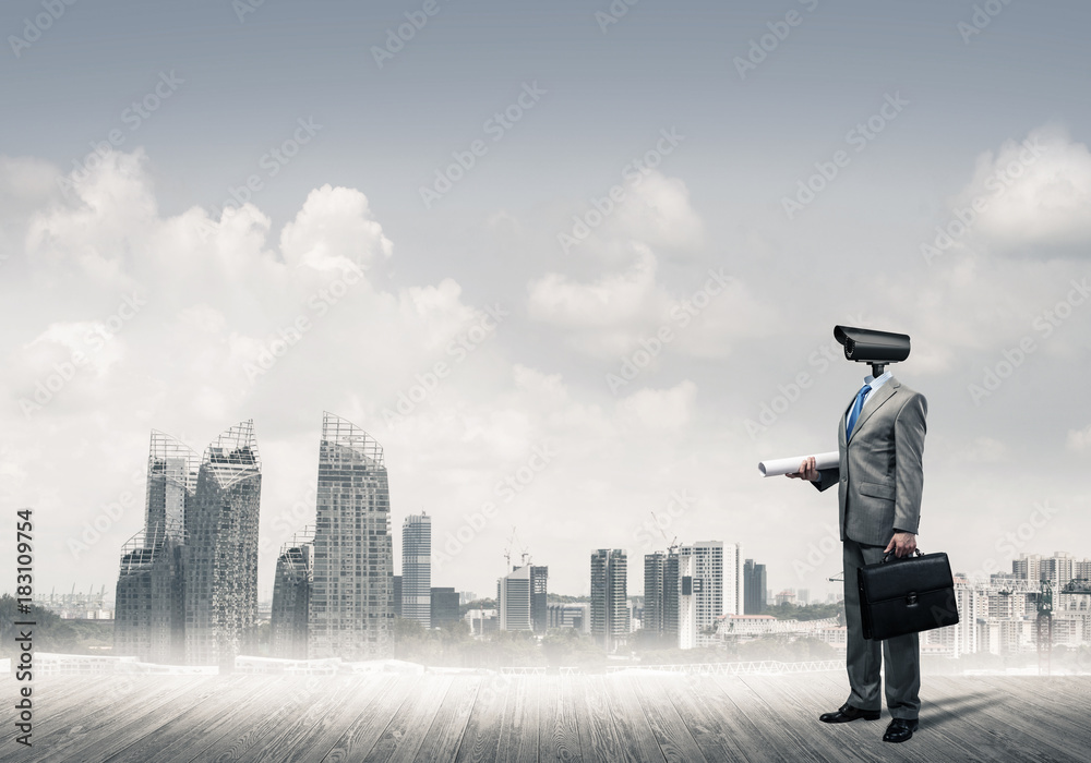 Concept of security and privacy protection with camera headed ma Concept of security and privacy protection with camera headed ma