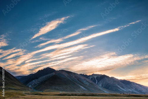 Highland pasture. Morning in the mountain. Mountain landscapes of Kyrgyzstan. Burkan River Valley.