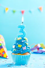 Third 3rd birthday cupcake with candle. Card mockup.