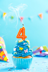 Fourth 4th birthday cupcake with candle blow out.Card mockup.