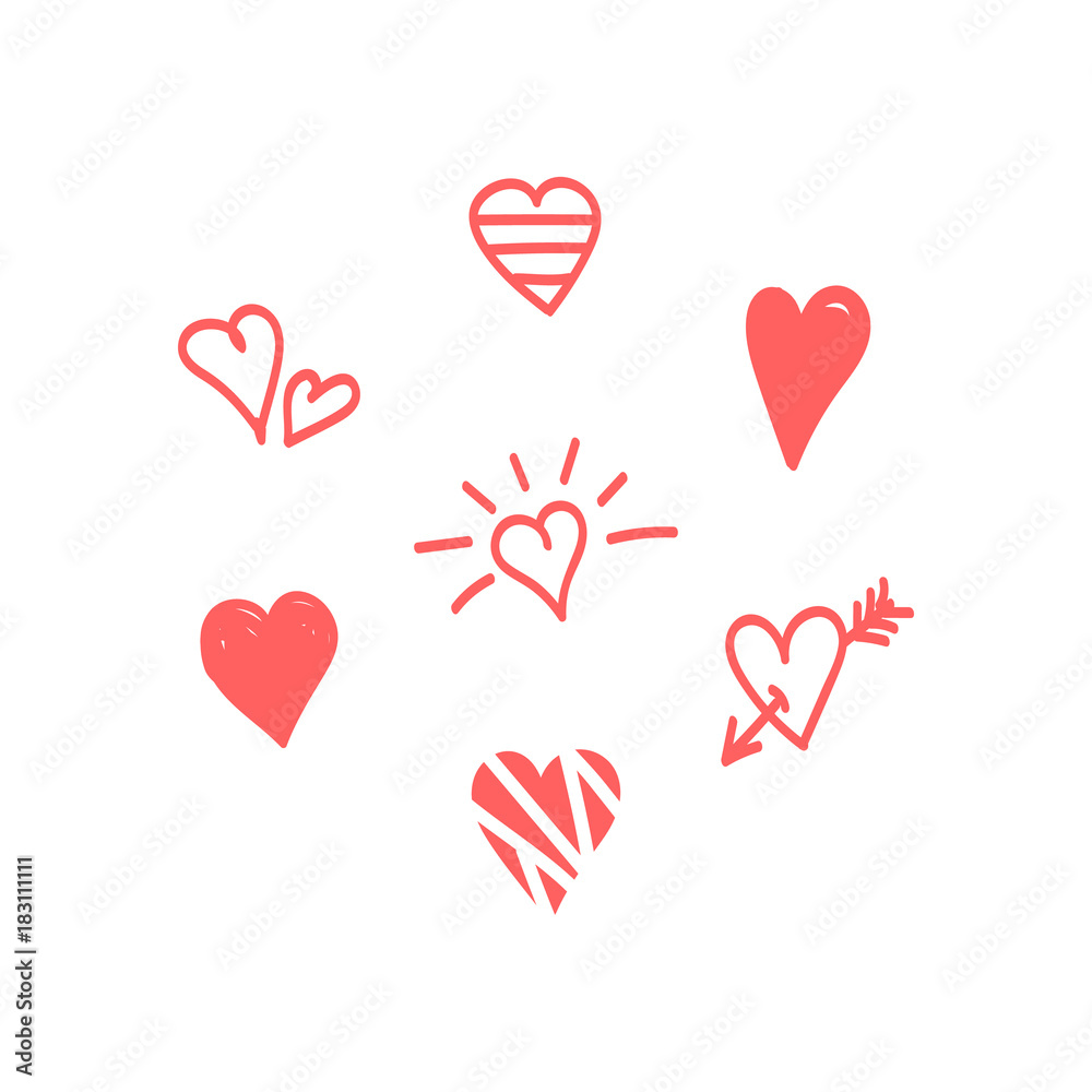 Cute cartoon doodle, hand drawn red hearts isolated on white background.