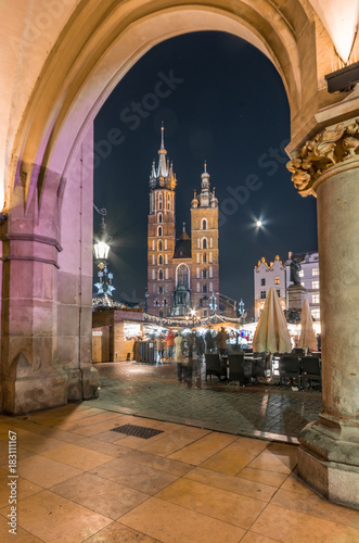 Krakow, Poland, St Mary's church seen from Sukiennice (Cloth hall) attic on the Main Market Square