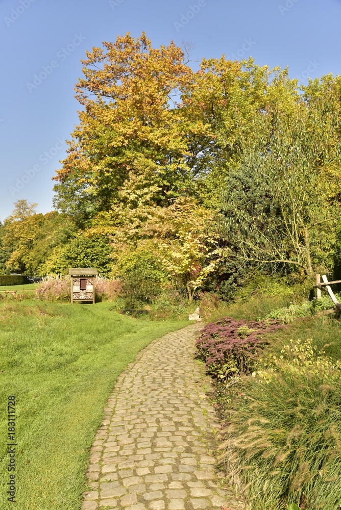 Chemin étroit aux pavés rustiques longeant pelouse et végétation vers les arbres à feuillage doré ,au Vrijbroekpark à Malines