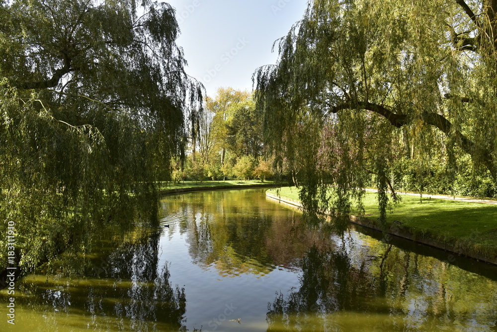 Bras de l'étang principal, ombragé sous les feuillage des arbres au Vrijbroekpark à Malines