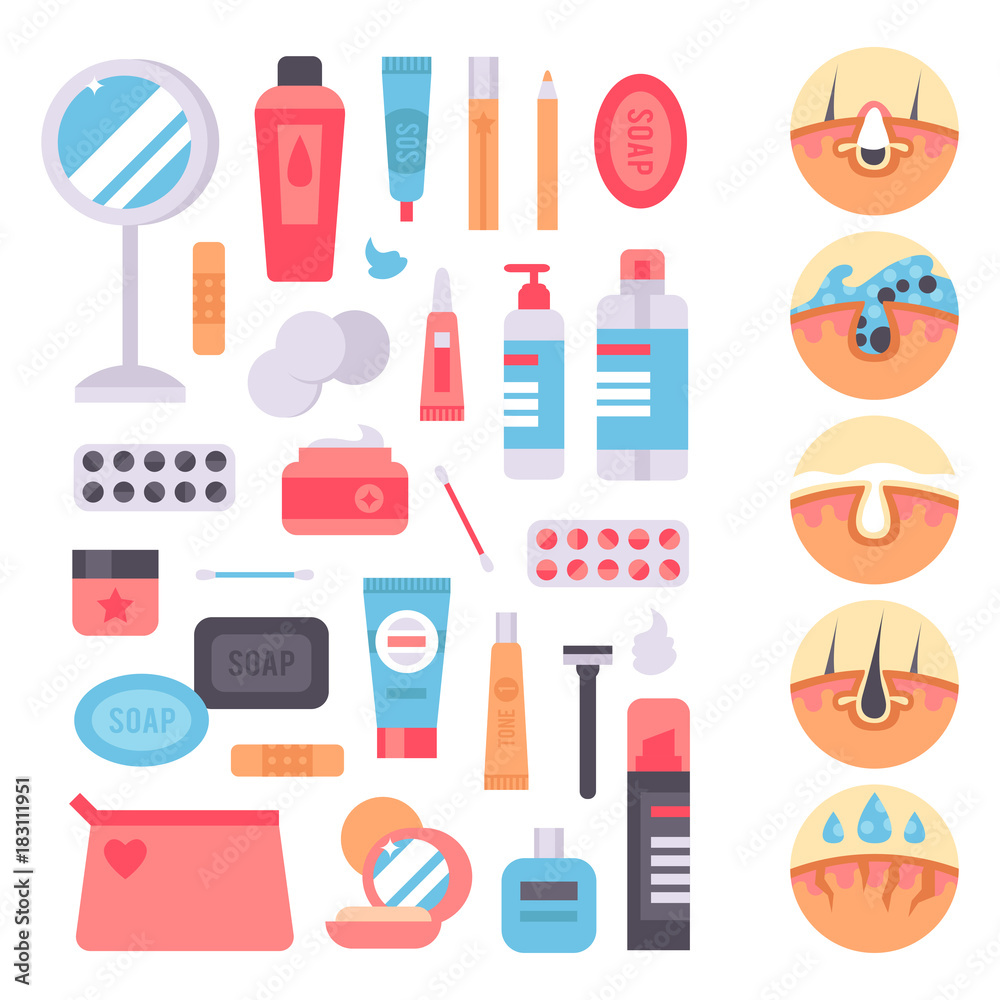 Facial care skin problems vector clean humancosmetic pimple dermatology instability facial skinny care teenager defects elements illustration. Facial care skin problems vector clean humancosmetic pimple dermatology instability facial skinny care teenager defects elements illustration.