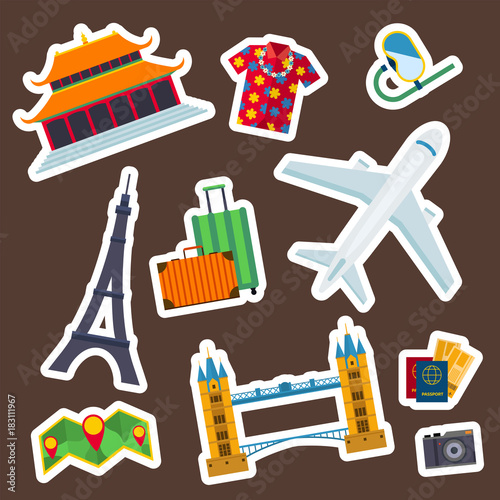 Travel vector icons flat tourism vacation place tourist attractions travelers illustration.
