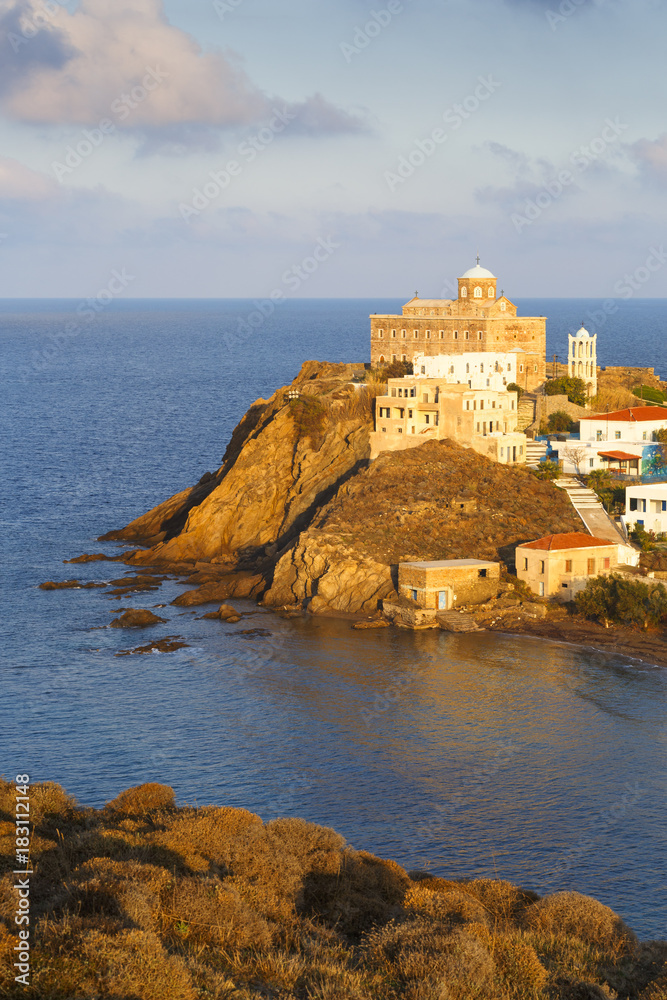 Morning view of Psara village and Agios Nikolaos church.
